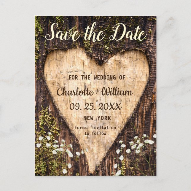 Wood Bark Heart Baby Breath Wedding Save The Date Postcard (Front)