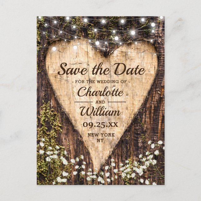 Wood Bark Heart Baby Breath Wedding Save The Date Postcard (Front)
