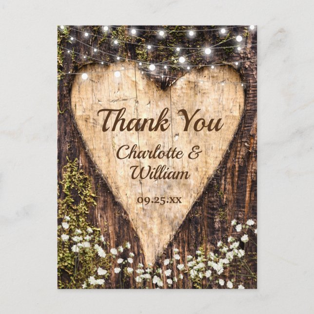 Wood Bark Heart Baby Breath Wedding Thank You Postcard (Front)