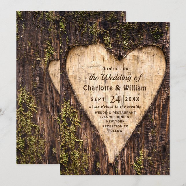 Wood Bark Heart Rustic Wedding Invitation (Front/Back)