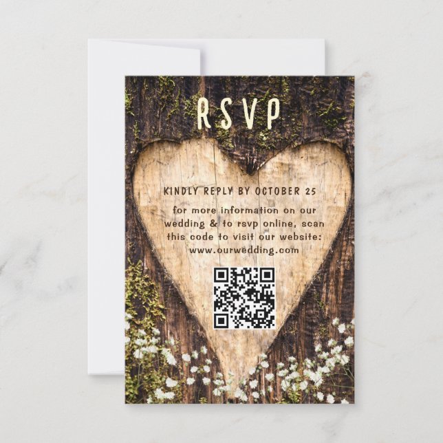 Wood Bark Heart Rustic Wedding QR code RSVP Card (Front)