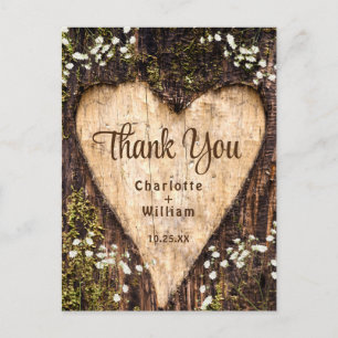 Wood Bark Heart Rustic Wedding Thank You Postcard