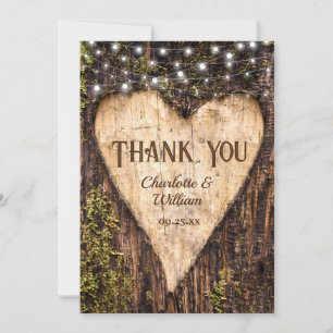 Wood Bark String Lights Heart Rustic Wedding Thank You Card