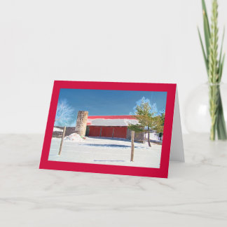 Wood barn, red doors, silo & fence card