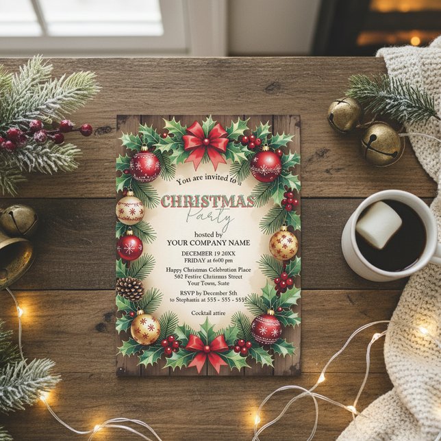 Wood Baubles Red Bow Corporate Christmas Party Invitation (Creator Uploaded)