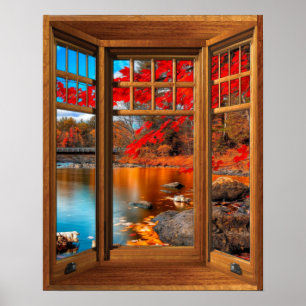 Wood Bay Window Autumn Scenery - Illusion Poster