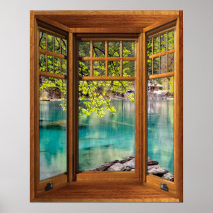 Wood Bay Window Illusion - Calming Lake Poster