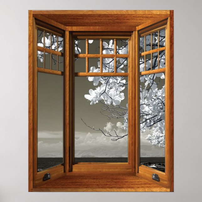 Wood Bay Window Illusion White Blossoms Poster (Front)