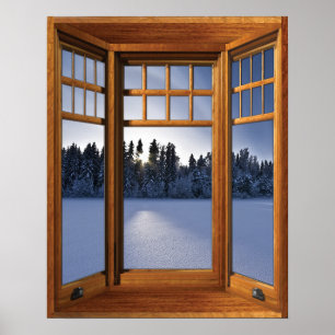 Wood Bay Window Winter Landscape - Illusion Poster