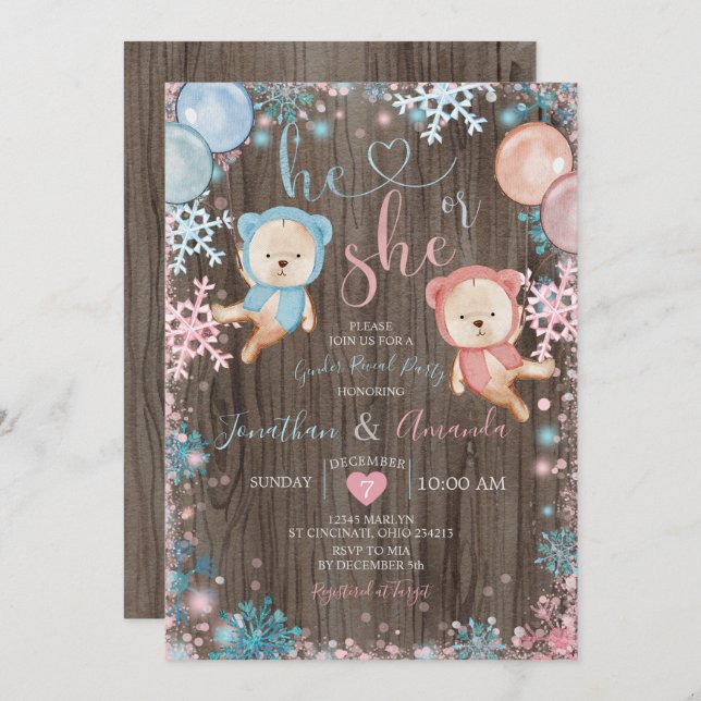 Wood Bear Gender Reveal He or She Snowflake  Invitation (Front/Back)