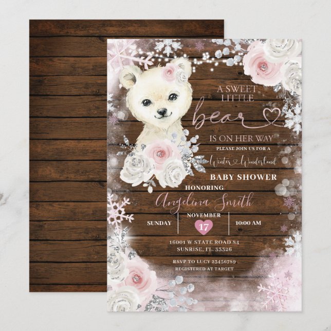 Wood Bear Pastel Pink Snowflake Baby Shower   Invitation (Front/Back)