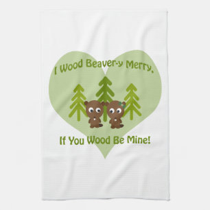 Wood beavery merry if you wood be mine tea towel