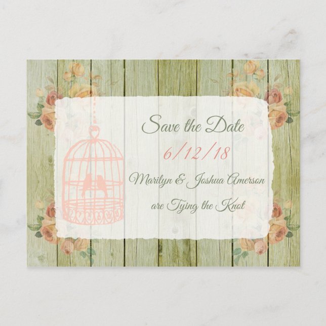 = Wood Birdcage Wedding Save the Date Postcard (Front)