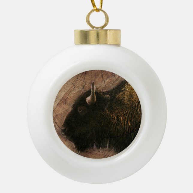 Wood Bison Buffalo Ceramic Ball Christmas Ornament (Front)