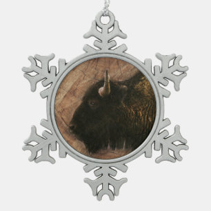 Wood Bison Buffalo Snowflake Pewter Christmas Ornament