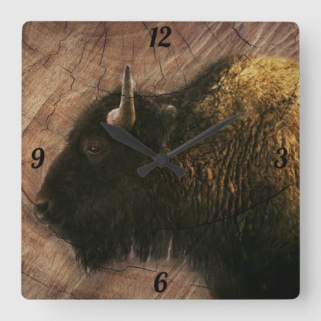 Wood Bison Buffalo Square Wall Clock (Front)
