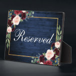 Wood Blue Burgundy Wedding Reserved 5x7 Table Plaque<br><div class="desc">Rustic Blue Wood Watercolor Floral Burgundy Marsala Blue Gold Frame Wedding Reserved 5x7 Table Plaque</div>