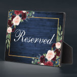 Wood Blue Burgundy Wedding Reserved 5x7 Table Plaque<br><div class="desc">Rustic Blue Wood Watercolor Floral Burgundy Marsala Blue Gold Frame Wedding Reserved 5x7 Table Plaque</div>