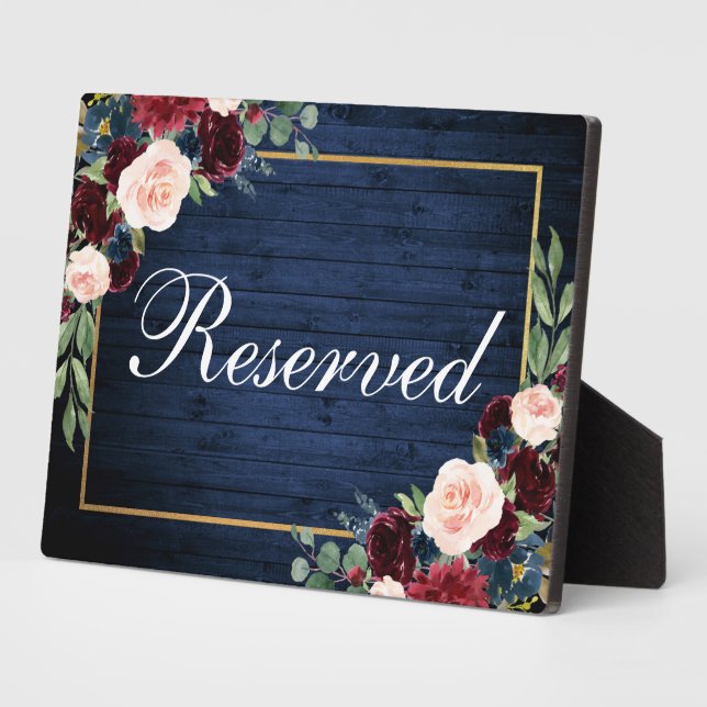 Wood Blue Burgundy Wedding Reserved 5x7 Table Plaque (Side)