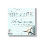 wood BLue Seashells Beach Wedding mr and mrs