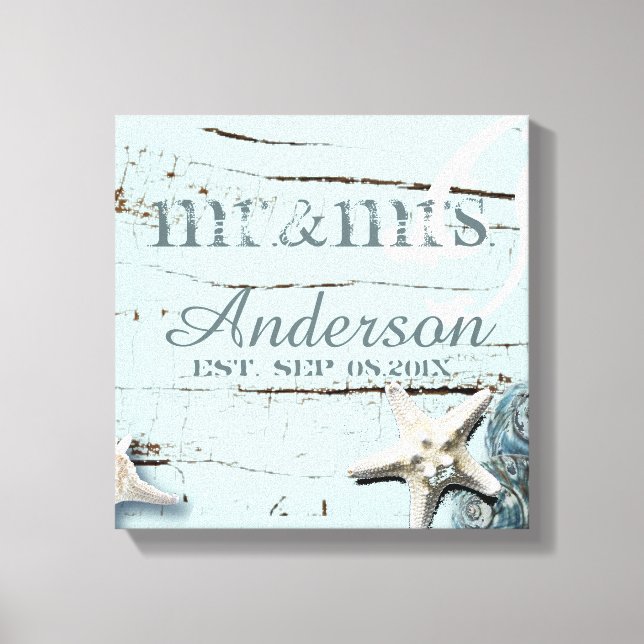 wood BLue Seashells Beach Wedding mr and mrs Canvas Print (Front)