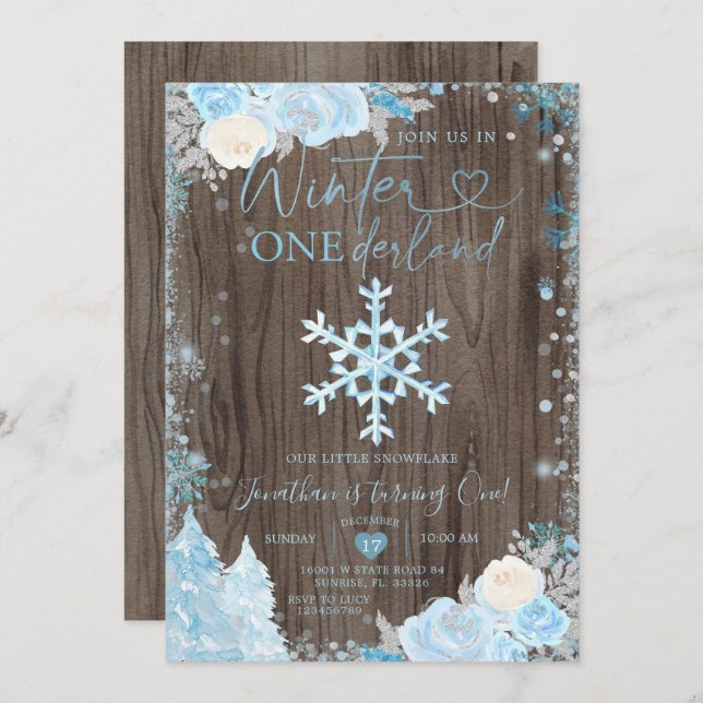 Wood Blue Winter Onederland Snowflake Birthday  Invitation (Front/Back)