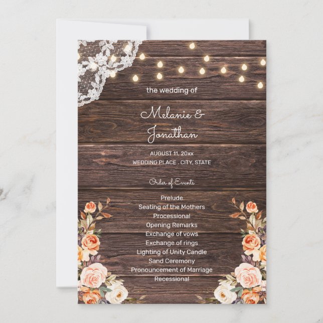 Wood Blush & Peach Floral Wedding Ceremony Program Invitation (Front)