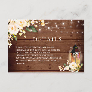 Wood Blush Rose Floral Lantern Wedding Details Enclosure Card