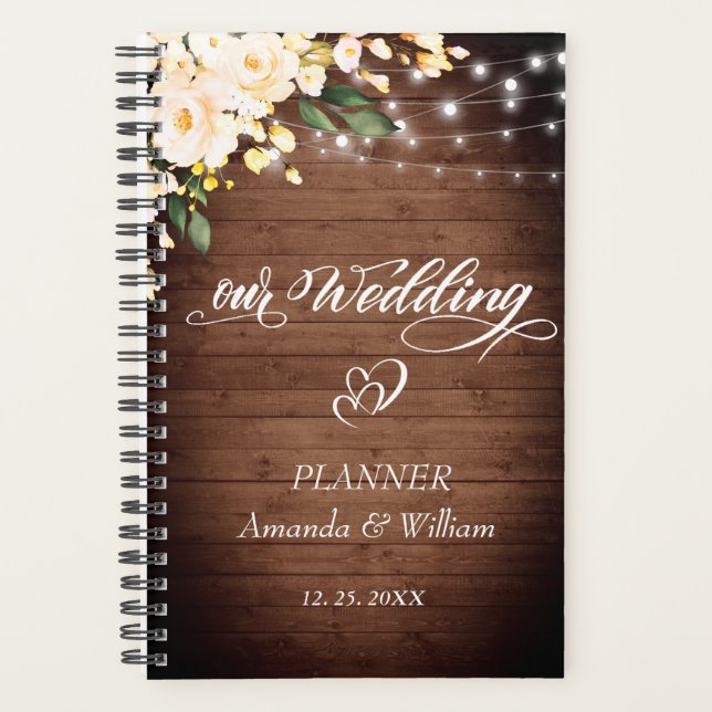 Wood & Blush Rose Greenery  Floral Wedding Planner (Front)