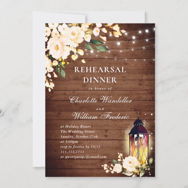 Wood Blush Roses & Lantern Rehearsal Dinner Invitation (Front)
