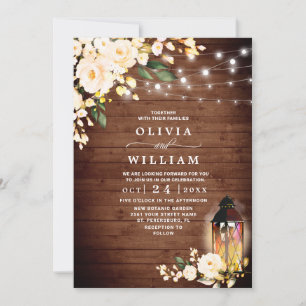 Wood Blush Roses Lantern Rustic Watercolor wedding Invitation