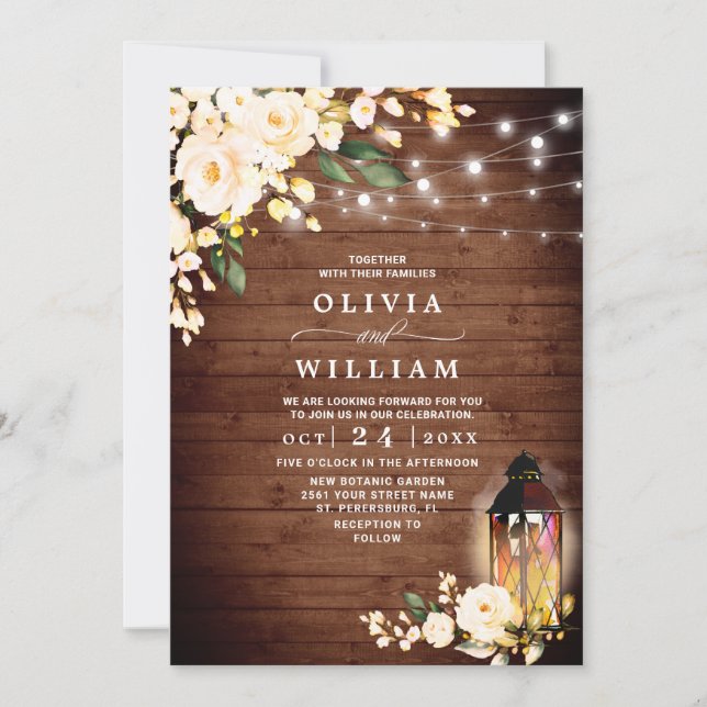 Wood Blush Roses Lantern Rustic Watercolor wedding Invitation (Front)