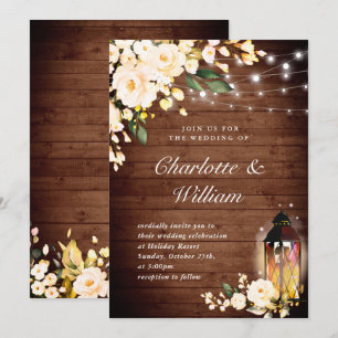 Wood & Blush Roses & Lantern Watercolor wedding Invitation
