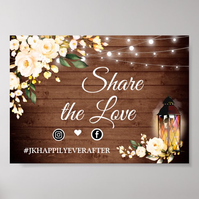 Wood Blush Roses Rustic Wedding Hashtag Sign (Front)