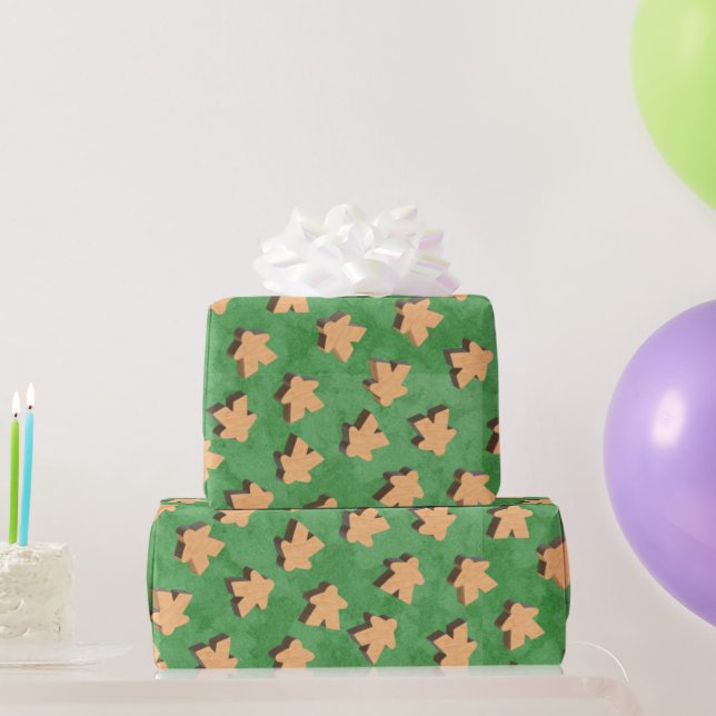 Wood Board Game Meeples on Green Wrapping Paper (Party Gifts)