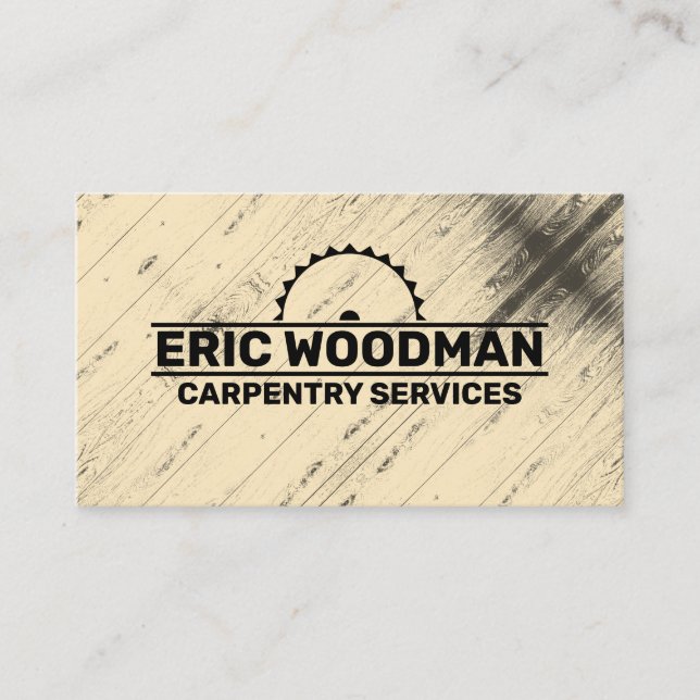 Wood board pattern and circular saw tan business card (Front)