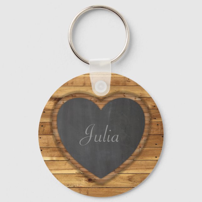 Wood Board Texture Graphic Heart Chalkboard Key Ring (Front)