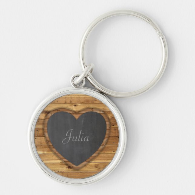 Wood Board Texture Graphic Heart Chalkboard Key Ring (Front)