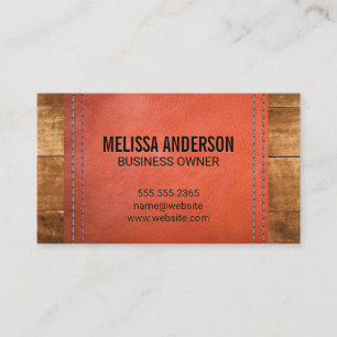 Wood Boards Double Stitched Leather Texture Business Card