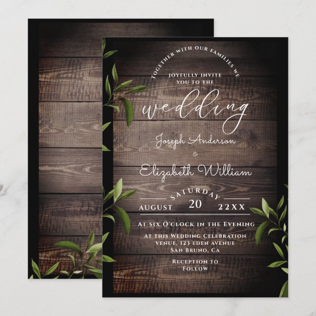 Wood Botanical Leaves& Greenery wedding Invitation (Front/Back)