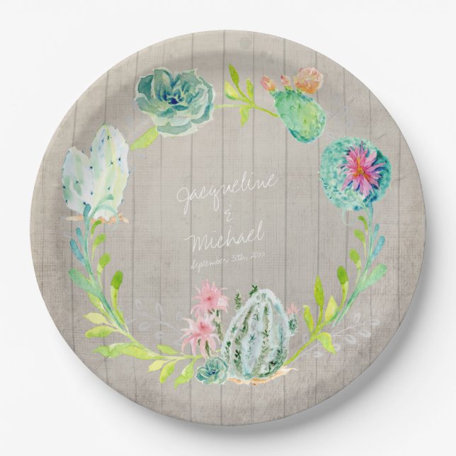 Wood Bridal Shower Decor Cactus Succulent Desert Paper Plate (Front)