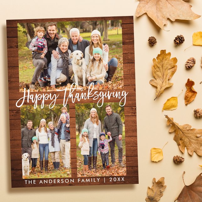 Wood Brush Script Family 3 Photo Thanksgiving Postcard (Customize to change your personalized text size or text style.)