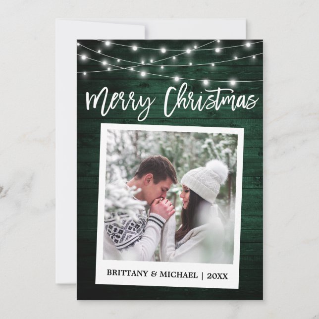 Wood Brush Script Instant Camera Couple Christmas Holiday Card (Front)