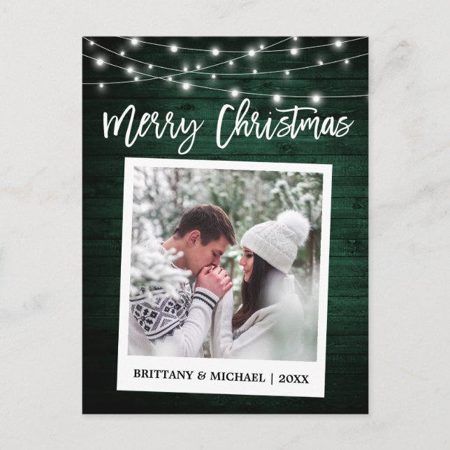 Wood Brush Script Instant Camera Couple Christmas Postcard (Front)