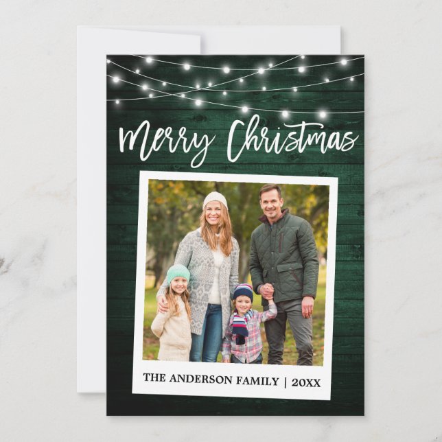Wood Brush Script Instant Camera Photo Christmas Holiday Card (Front)