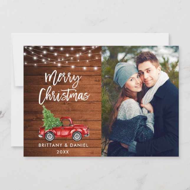 Wood Brush Script Lights Truck Photo Christmas Holiday Card (Front)