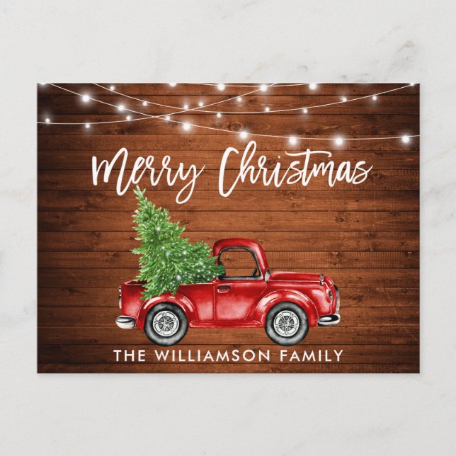 Wood Brush Script Lights Vintage Truck Tree Postcard (Front)
