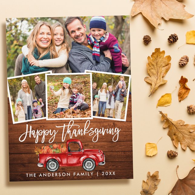 Wood Brush Script Red Truck Thanksgiving 4 Photo Postcard (Customize to change your personalized text size or text style.)