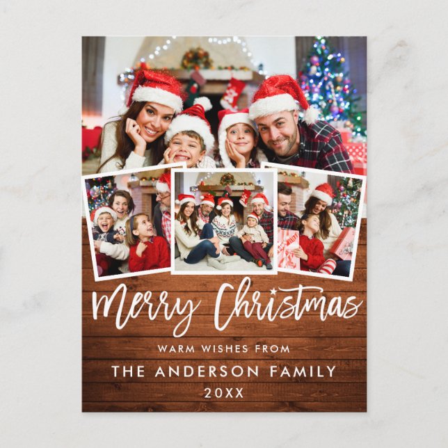 Wood Brush Script Star Merry Christmas 4 Photo Red Postcard (Front)