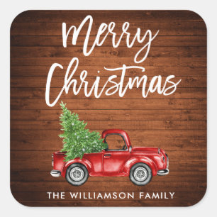 Wood Brush Script Truck Christmas Square Sticker